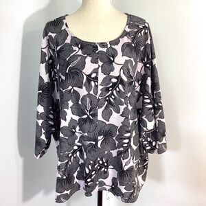 CYNTHIA ROWLEY PLUS 2X BLOUSE TOP BALCK WHITE TROPICAL FLOWERS LINEN BLE…